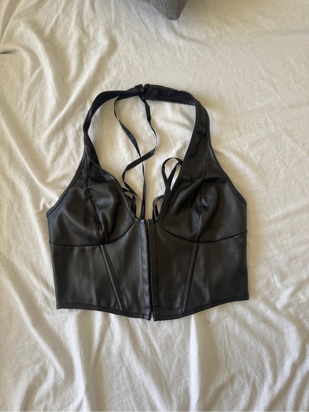 SHEIN Black Faux Leather Halter Bustier Crop Top